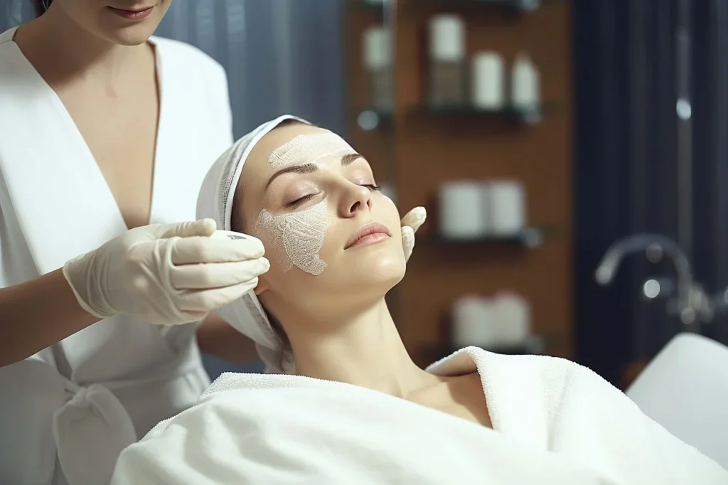 Manos aplicando crema en la cara de una mujer