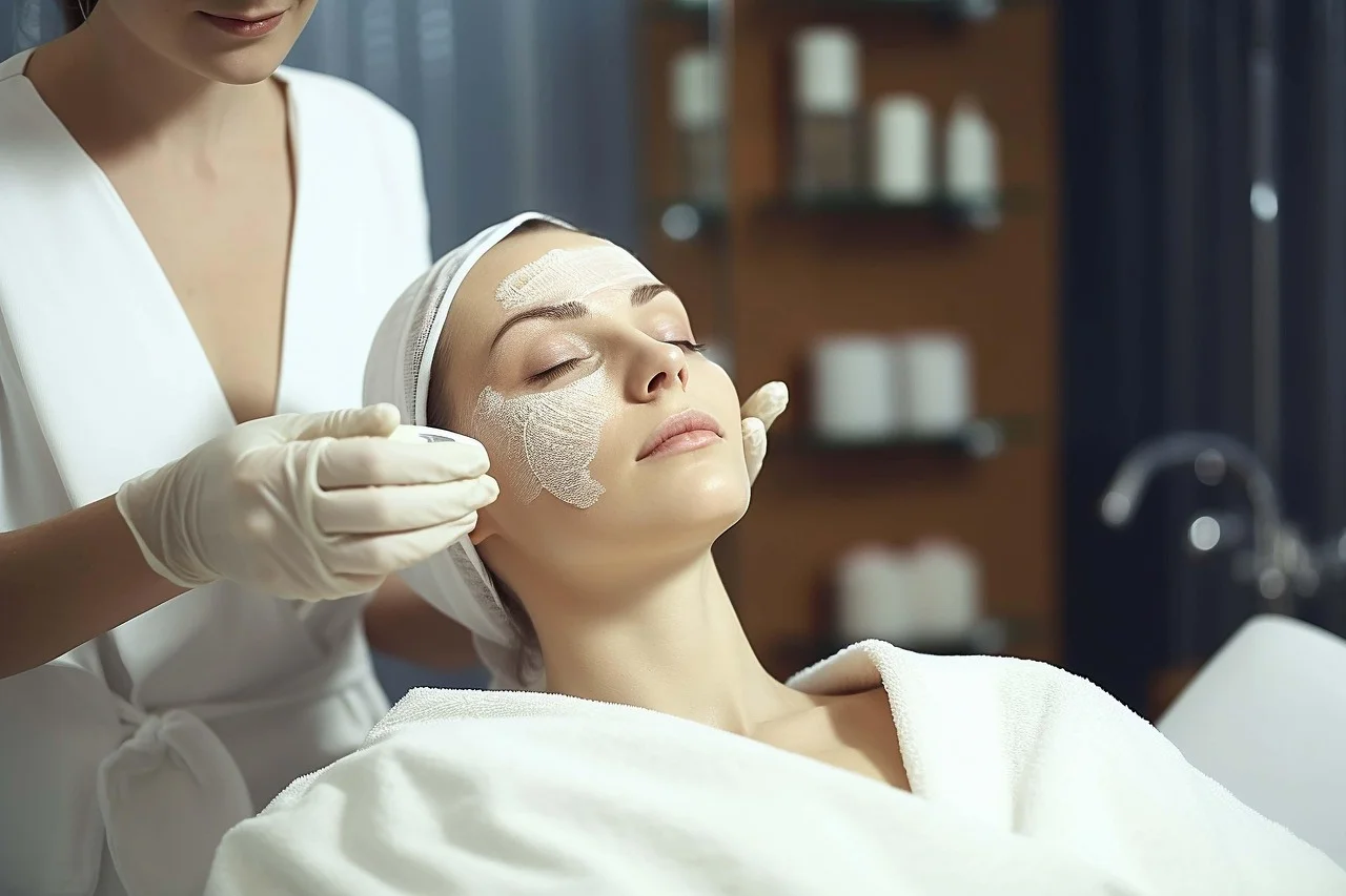Manos aplicando crema en la cara de una mujer